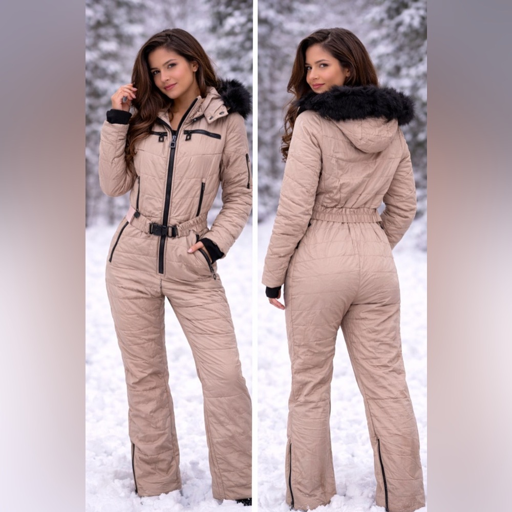 Boutique 9 Beige Quilted Ski Jumpsuit with Black Fur Trim